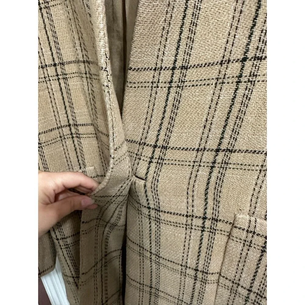 Quiet Luxury Vince‎ Plaid Wool Blend Open Front Coat Tan Black XXS V675791302